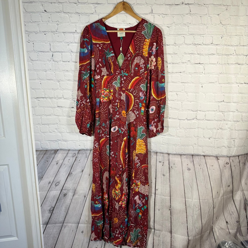 Farm Rio Burgundy Borogodo Maxi Dress‎ Long Sleeve Beaded Button V-Neck 281668 S